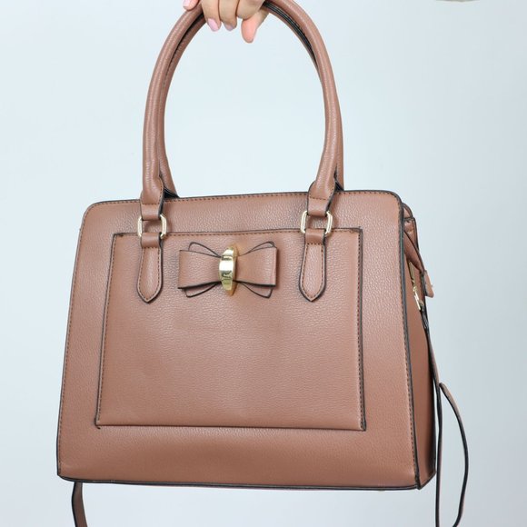 La Terre Handbags - Brown Faux Leather Purse Cute Bow Accent Tote Cross Body Shoulder Hand Bag
